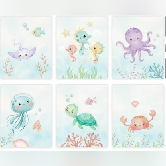 Other - 6-Piece Aquatic Sea Animals Prints  Pastel Color Art - Marine Life Art